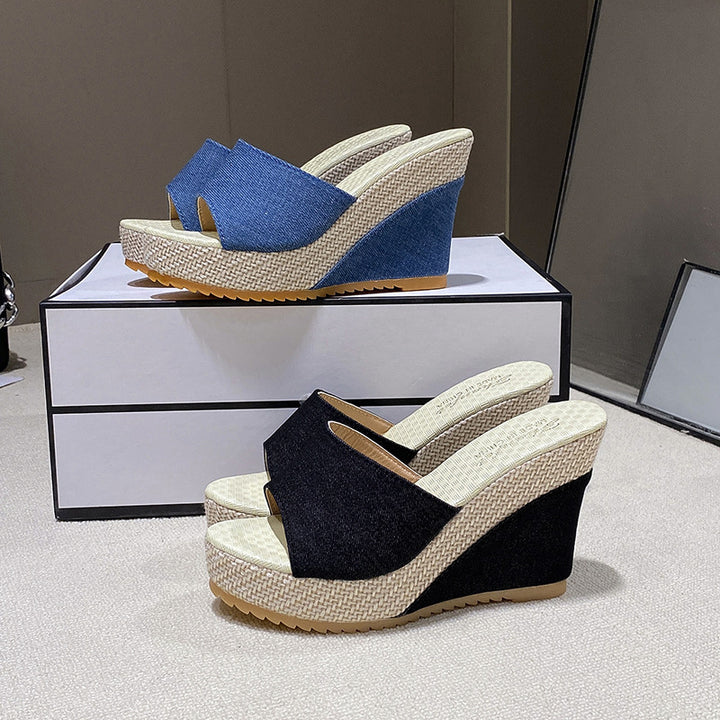 Damen nan Keil-Pantolette mit offenem Zehenbereich breitem Textilriemen Bast-Plateau und gepolstertem Komfortfußbett Drune
