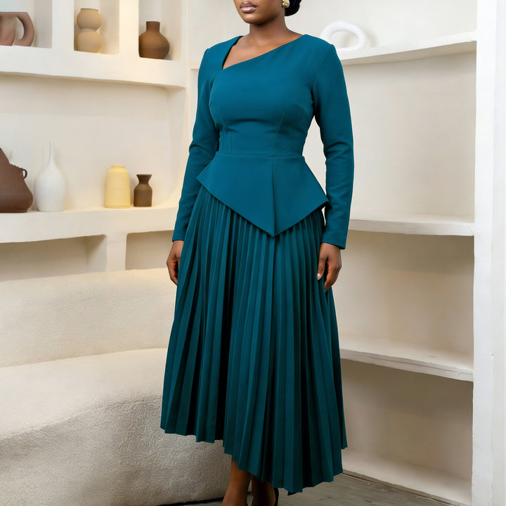 Damen Midi-Kleid mit eleganter asymmetrischer Silhouette und gefaltetem Rock Drune