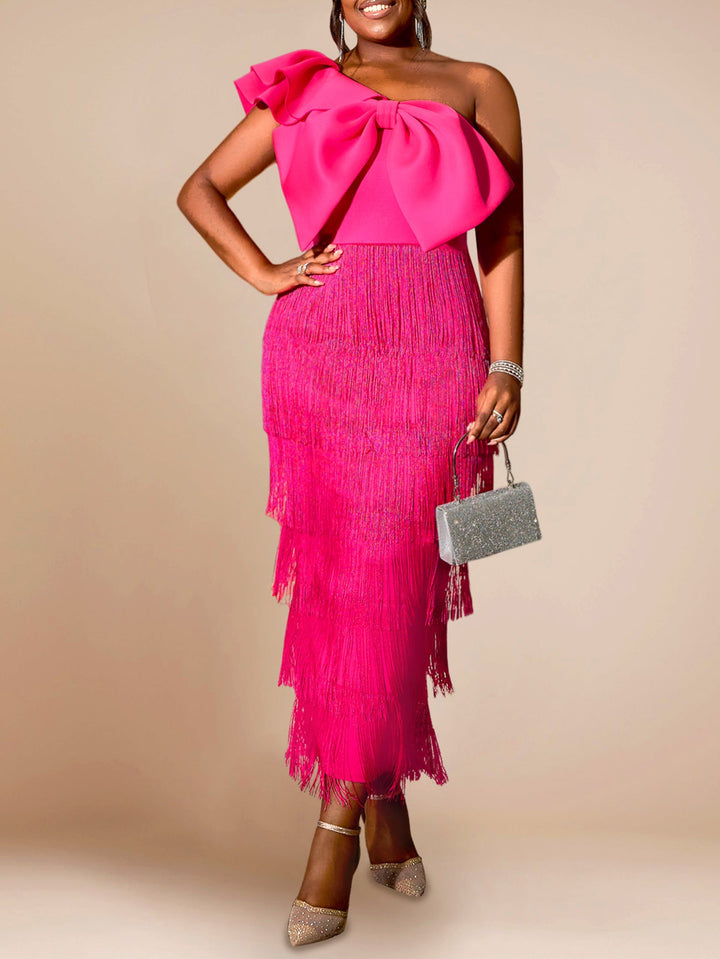 Damen Cocktailkleid mit voluminösem Rüschendesign und Fransen Drune