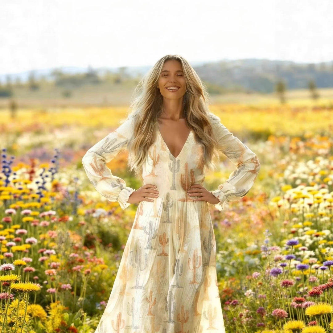 Damen Boho-Maxikleid mit tiefem V-Ausschnitt, langen Ballonärmeln und stufigem Volantrock Drune