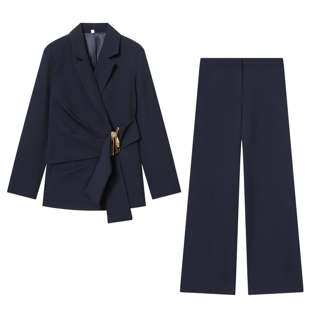 Damen Zweiteiliges Wickelblazer- und Palazzo-Anzugset mit Ziergürtel Drune