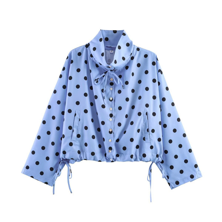 Damen Gepunktete Cropped Bluse‑Jacke mit hohem Tunnelzugkragen und Kordelbund Drune