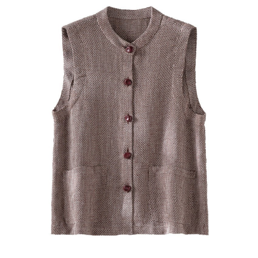 Damen Ärmellose Strickweste mit Stehkragen, Knopfleiste und aufgesetzten Taschen Drune