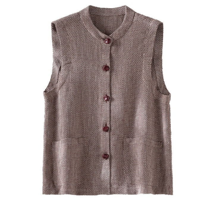 Damen Ärmellose Strickweste mit Stehkragen, Knopfleiste und aufgesetzten Taschen Drune