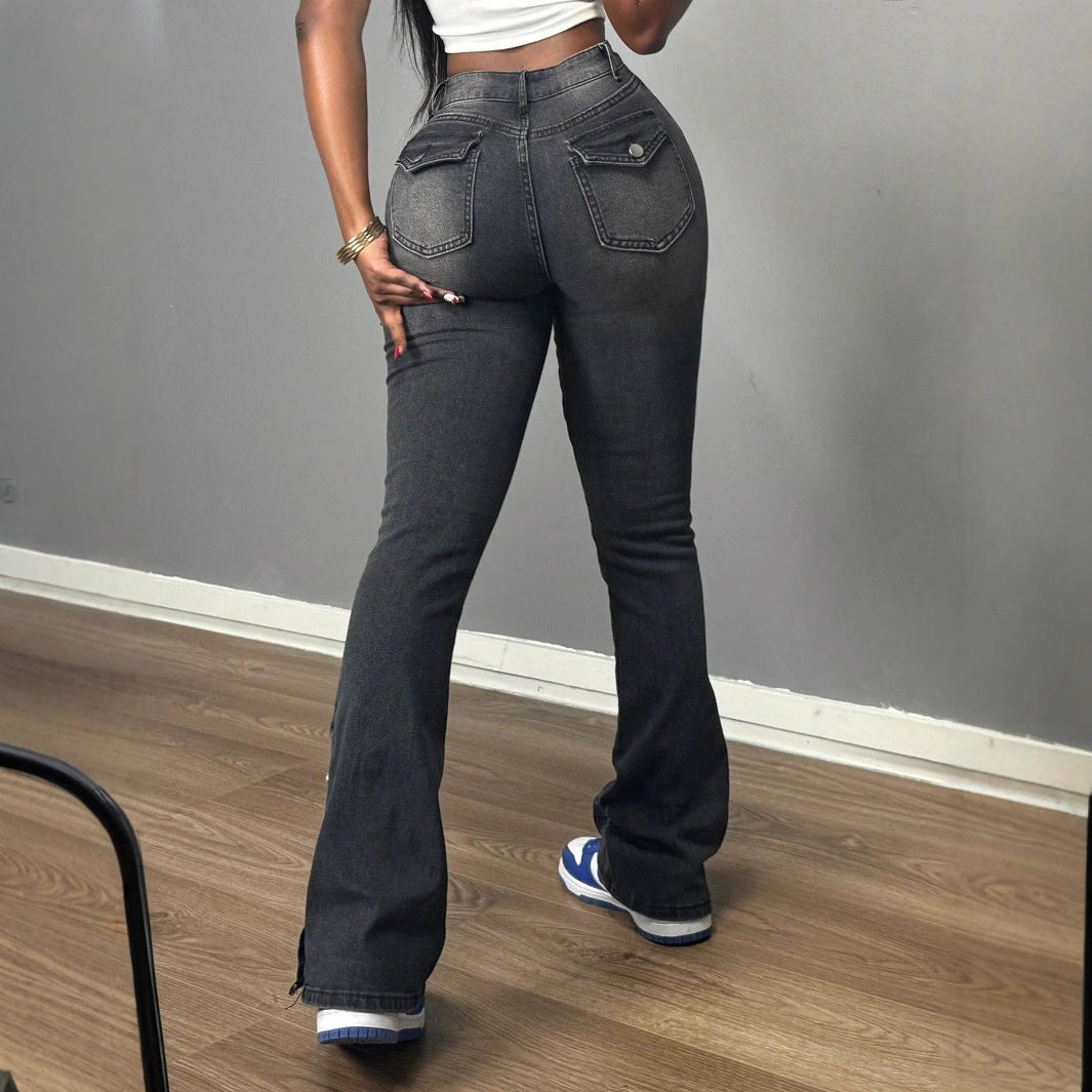 Damen hochtaillierte Flared-Jeans mit seitlicher Druckknopföffnung & sculptendem Sitz Drune