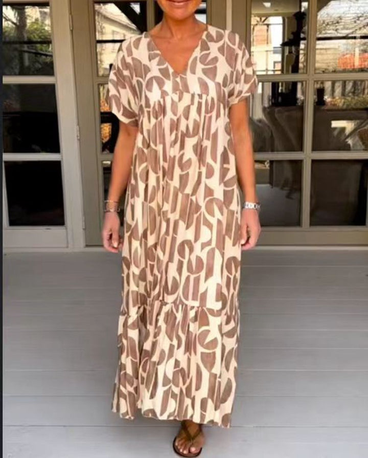 Damen nan voluminöses Maxikleid mit Unterbrustnaht, V-Ausschnitt, kurzen Kimonoärmeln und Stufenvolant Drune