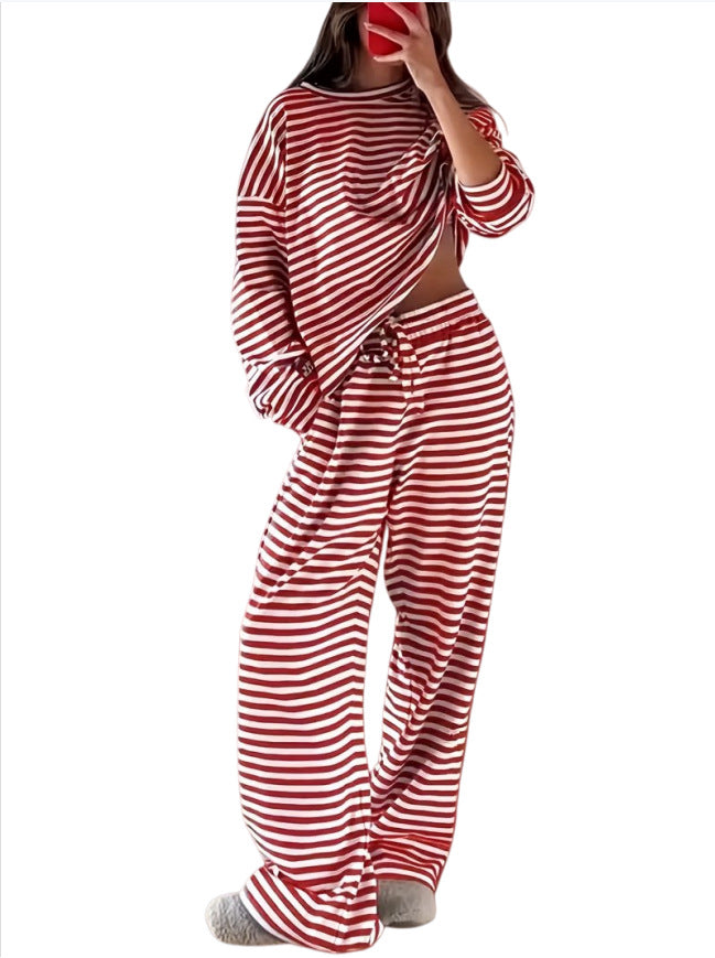 Damen Gestreiftes Lounge-Set aus weichem Baumwoll-Mix mit weitem Bein Drune