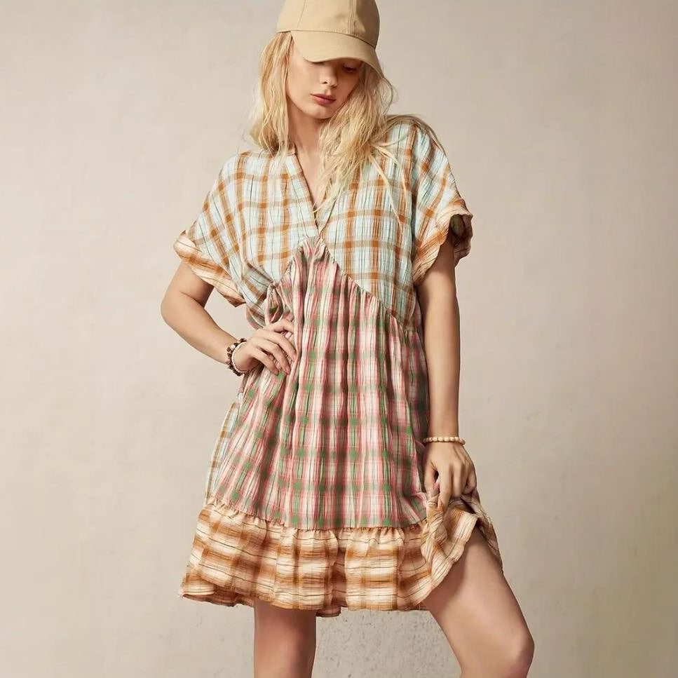 Damen lässiges Tunika-Kleid im karierter Muster mit voluminösem Saum Drune