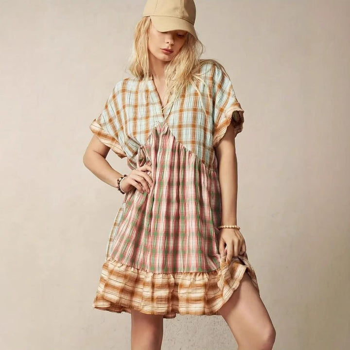 Damen lässiges Tunika-Kleid im karierter Muster mit voluminösem Saum Drune
