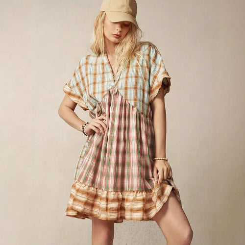 Damen lässiges Tunika-Kleid im karierter Muster mit voluminösem Saum Drune