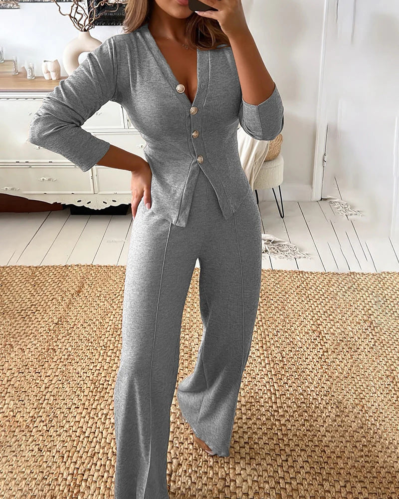 Damen Feines Strick-Set mit tailliertem Knopf-Cardigan und weitem Palazzo-Hose Drune