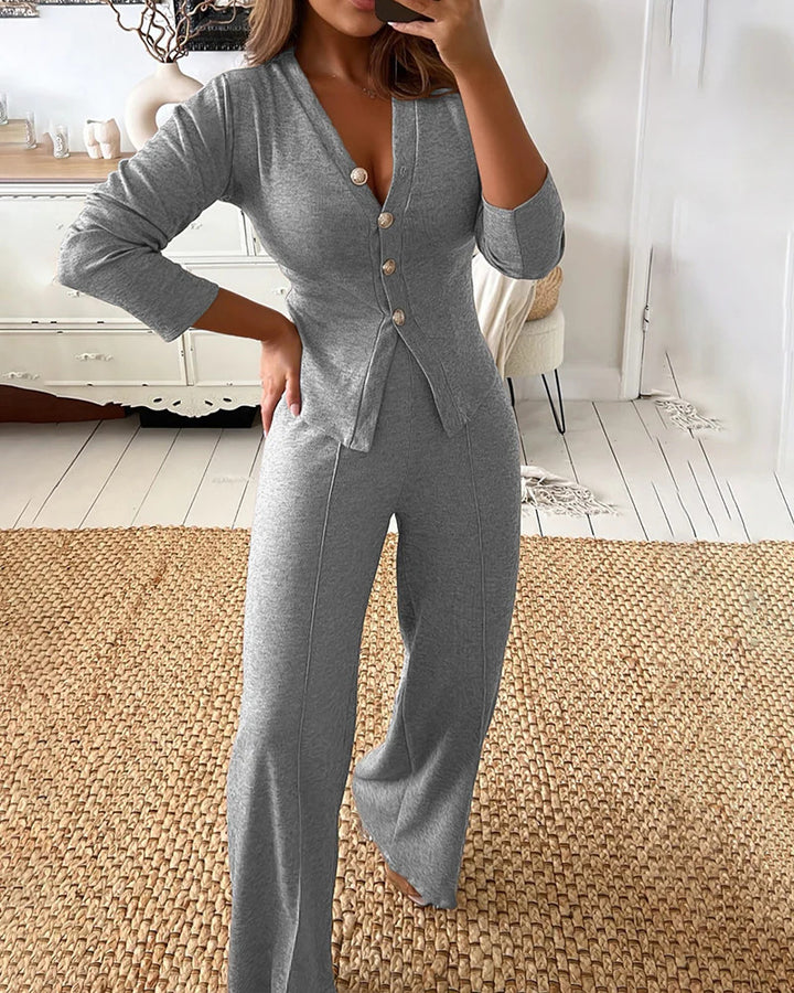 Damen Feines Strick-Set mit tailliertem Knopf-Cardigan und weitem Palazzo-Hose Drune