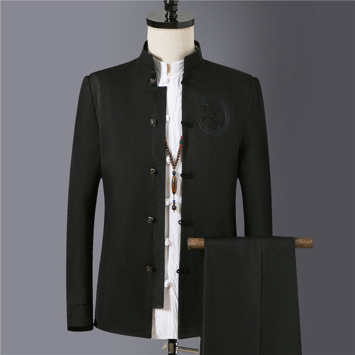 Herren nan asiatisch inspirierte Mandarinjacke mit Stehkragen, Knotenknopfleiste und tonalem Stick-Emblem Drune