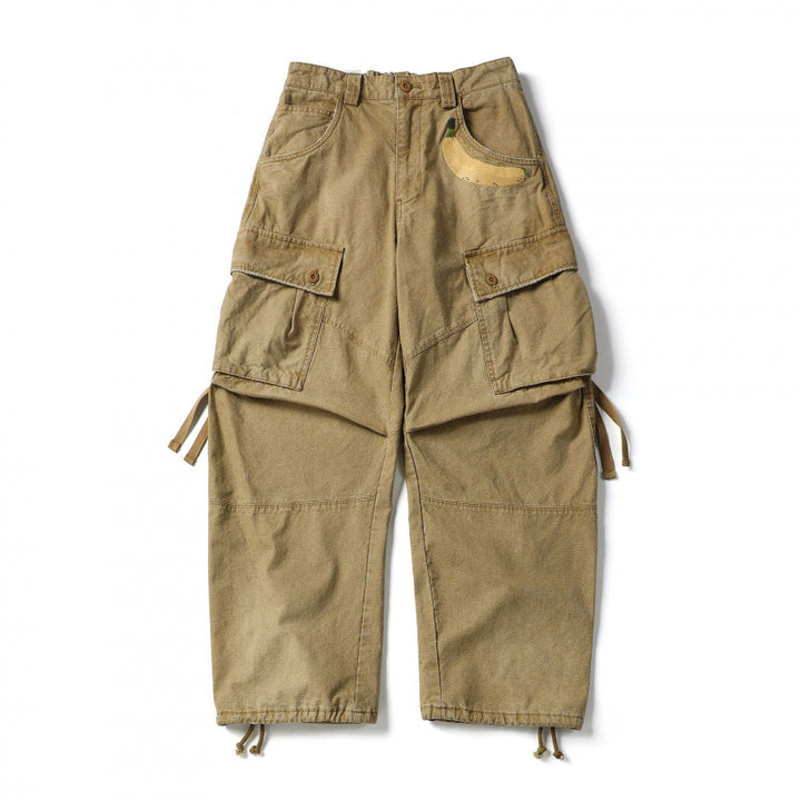 Unisex Locker geschnittene Cargo-Hose mit Bananen-Applikation, großen aufgesetzten Taschen und verstellbarem Saum Drune