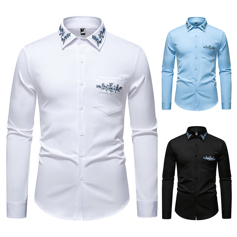 Herren Elegantes Slim-Fit Hemd mit floraler Stickerei am Kragen und aufgesetzter Brusttasche Drune