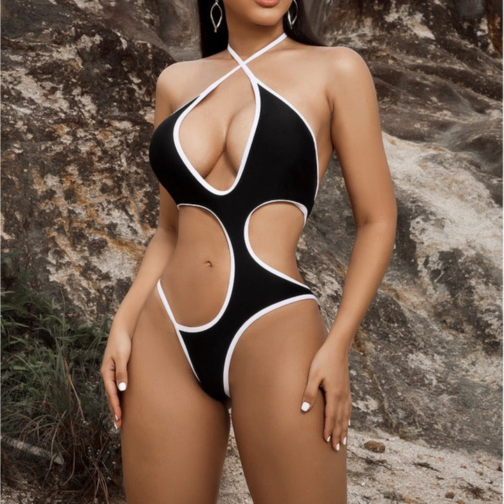 Damen Cut-Out Badeanzug mit tiefem V-Ausschnitt und gekreuzten Trägern Drune