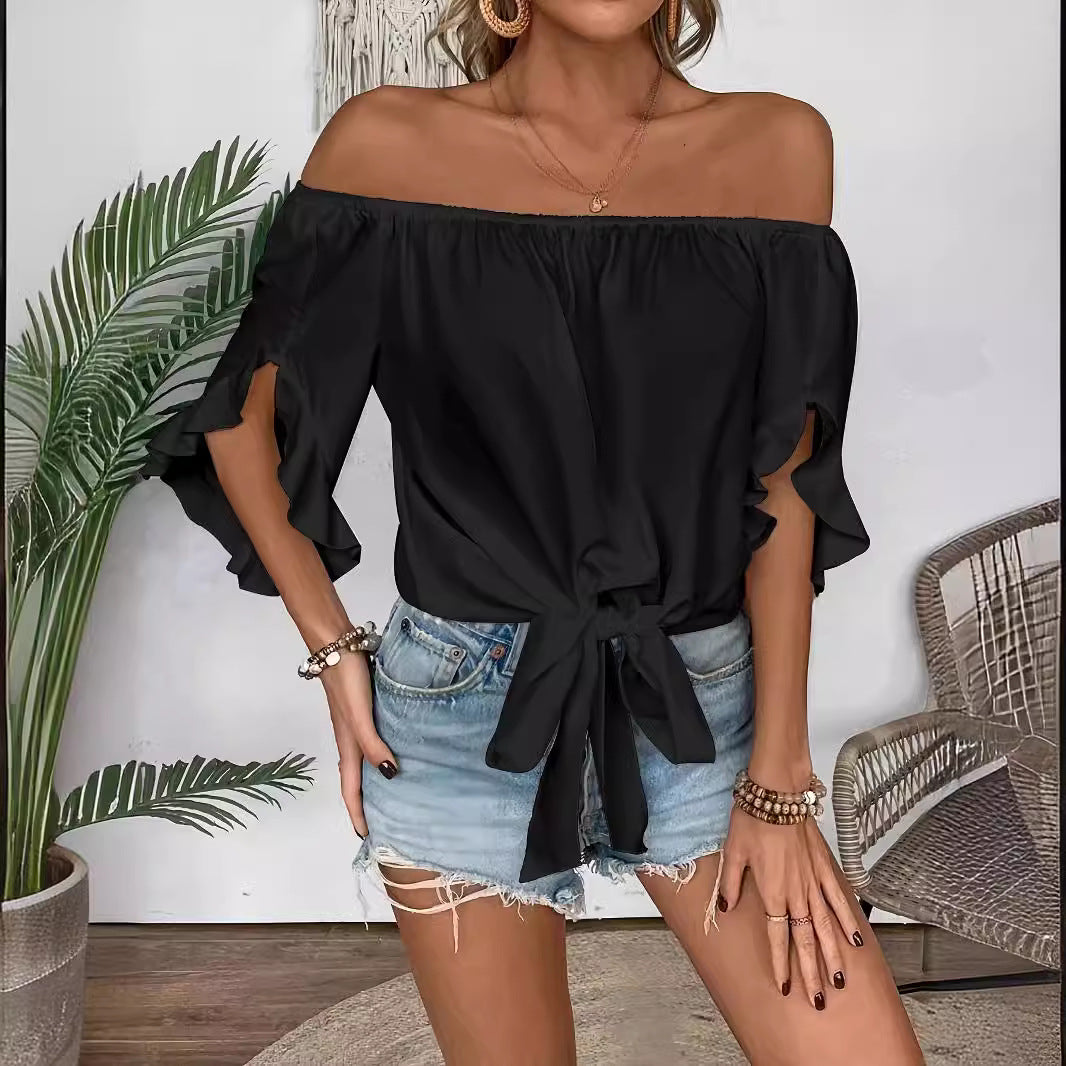 Damen Off-Shoulder-Bluse mit Rüschendetails und Taillenbindung Drune