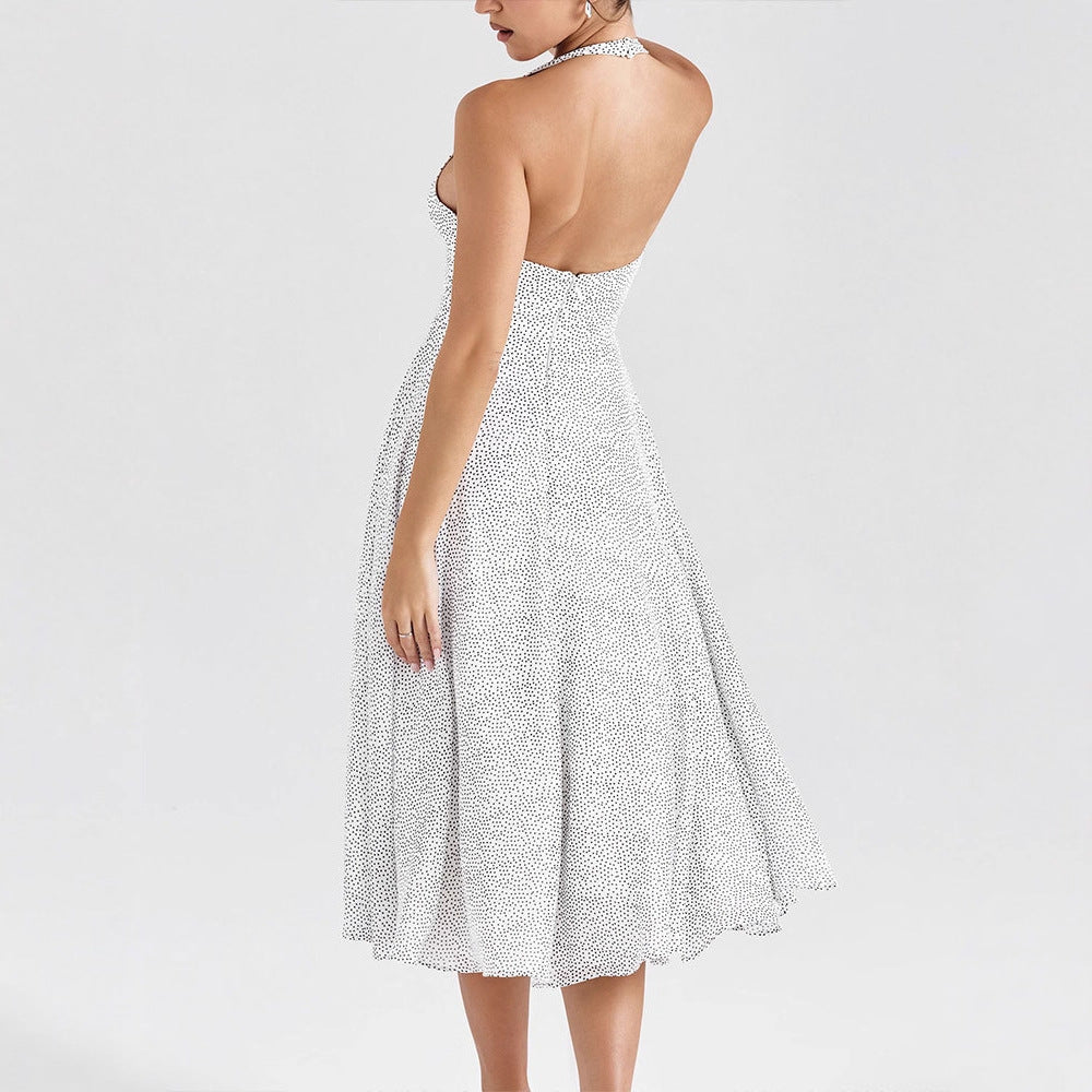 Damen Sommerliches Neckholderkleid mit tiefem V-Ausschnitt und weit schwingendem Rock Drune