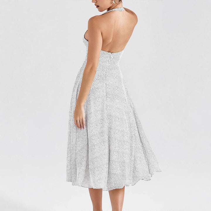 Damen Sommerliches Neckholderkleid mit tiefem V-Ausschnitt und weit schwingendem Rock Drune