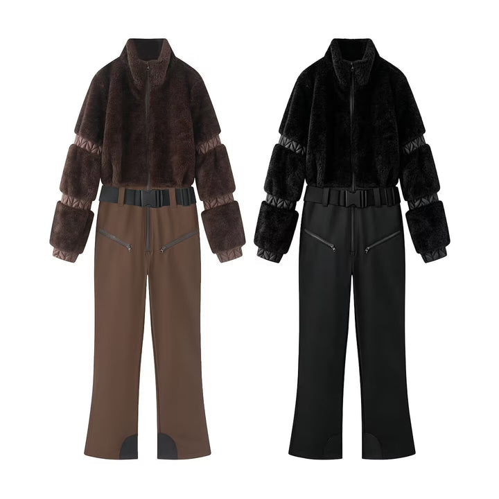 Damen Zweiteiliges Ski‑ und Winterset mit kurzem Teddyblouson und Highwaist‑Softshellhose Drune