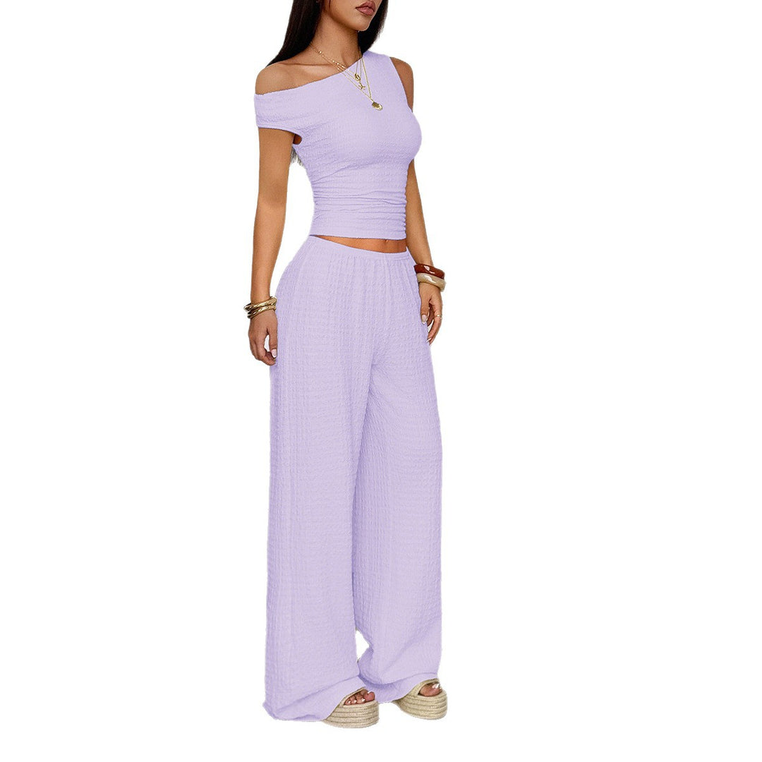 Damen Zweiteiliges Set aus elastischem Rippstoff mit asymmetrischem Top und weitem Hosen Drune