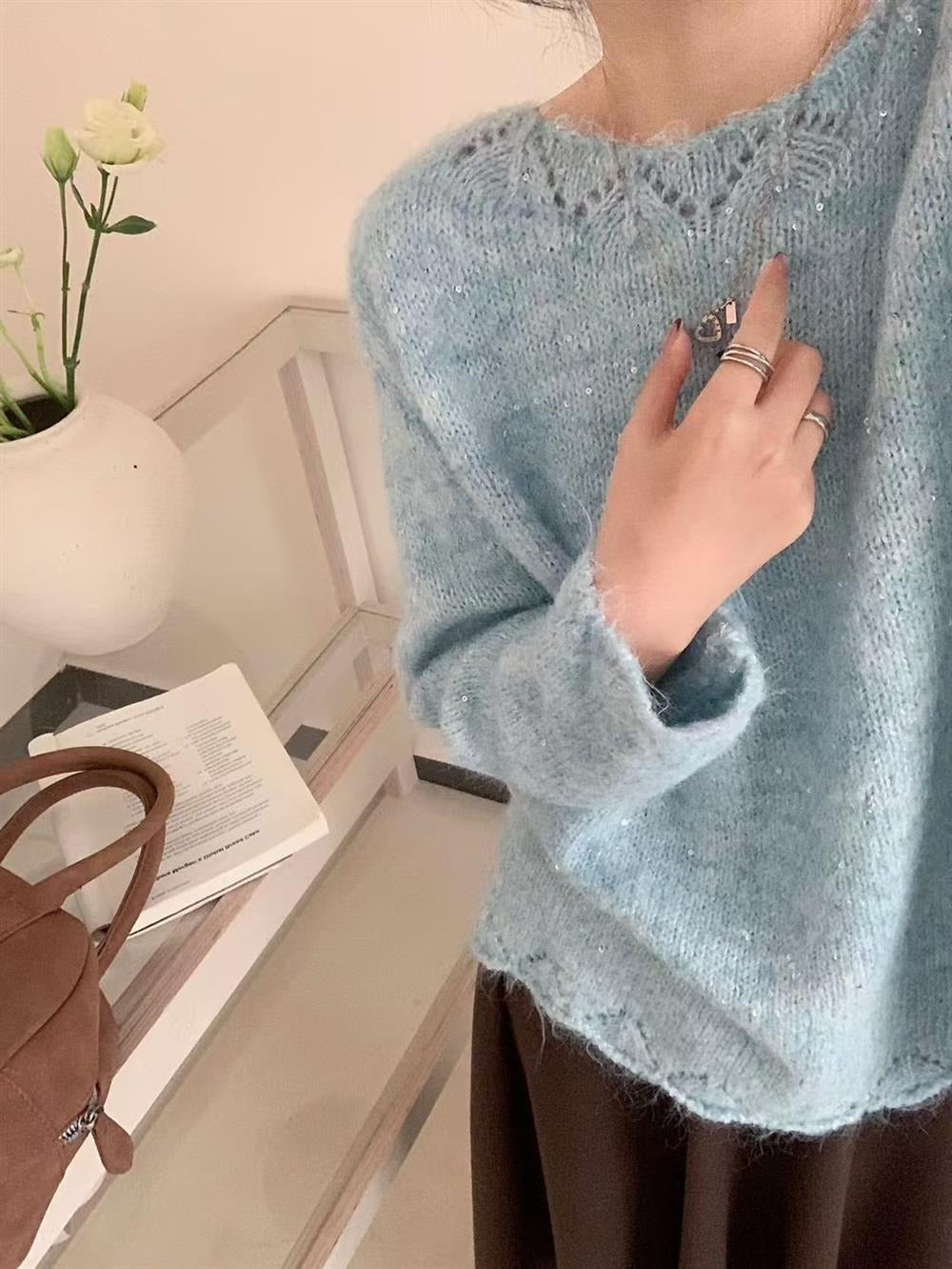 Damen Flauschiger Strickpullover mit glänzenden Akzenten und lockerem Schnitt Drune