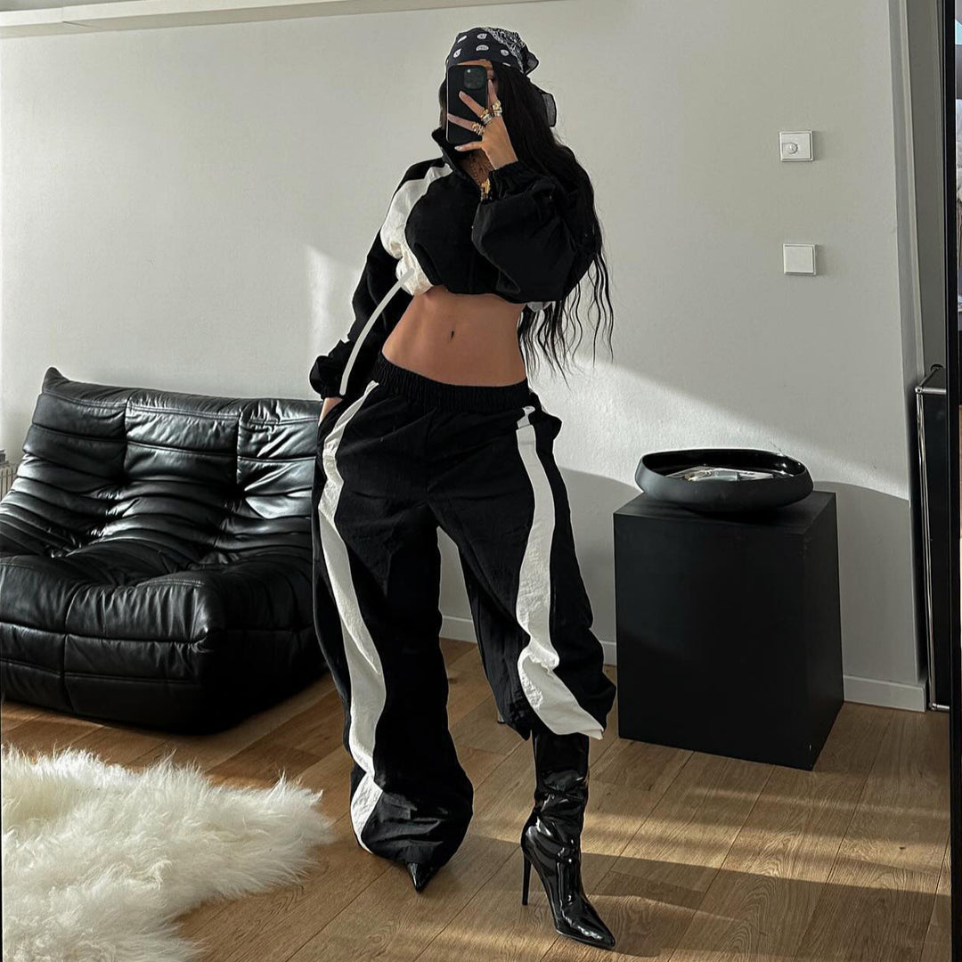 Damen Sportliches Crop-Set mit elastischem Bund und Kontraststreifen Drune
