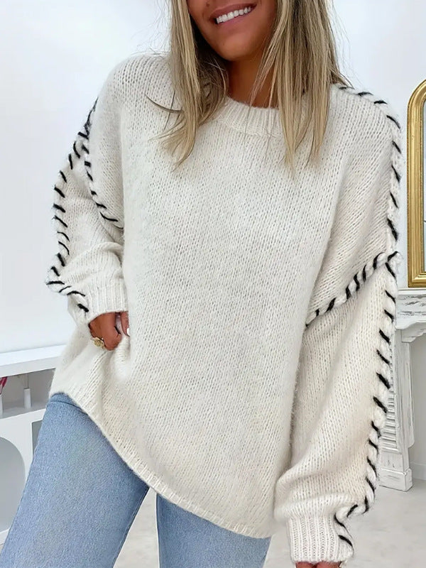 Damen Grobstrickpullover mit kontrastierenden Abschlüssen und lässigem Schnitt Drune