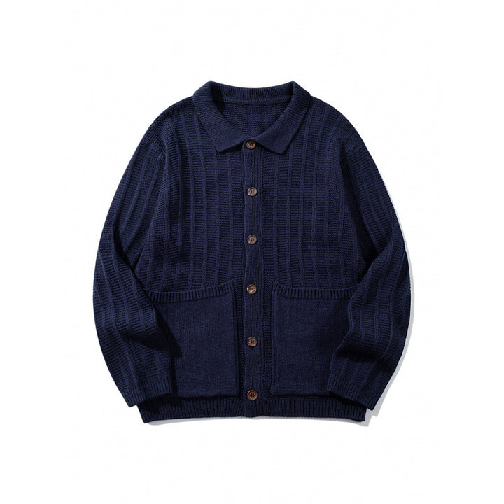 Unisex Grobgestrickte Hemdjacke mit Kentkragen, Knopfleiste und aufgesetzten Taschen Drune
