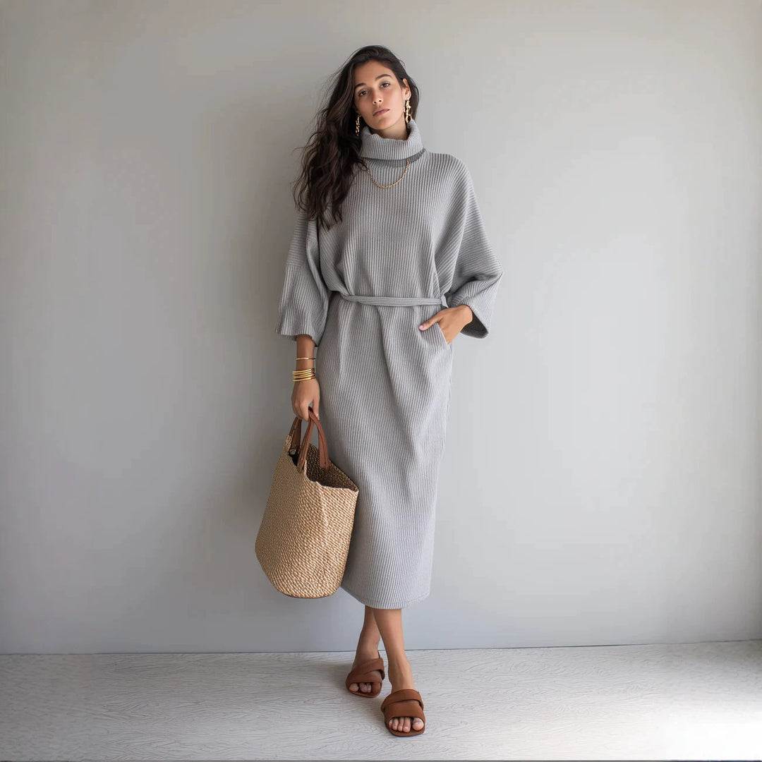 Damen Midilanges Rippenstrickkleid mit Rollkragen, Dreiviertelärmeln und Bindegürtel Drune