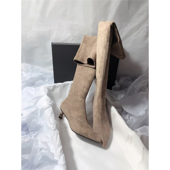 Damen Kniestiefel mit Umschlagschaft, spitzer Zehenform und Kitten‑Absatz Drune