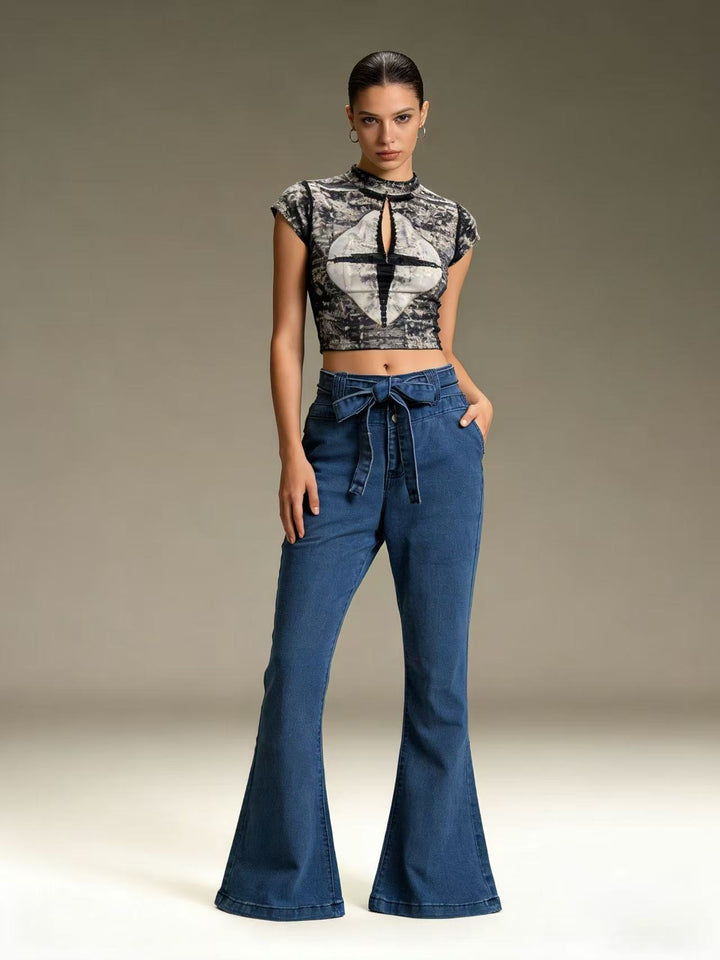 Damen Flared Jeans mit Gürtel und hohem Bund Drune