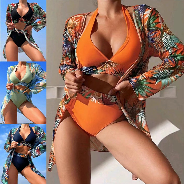 Damen Strandset mit floralem Kimono und High-Waist Bikini Drune