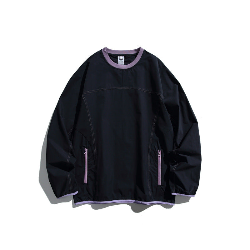 Unisex Leichter technischer Oversize-Pullover mit Rundhalsausschnitt, Reißverschlusstaschen und kontrastierten Abschlüssen Drune
