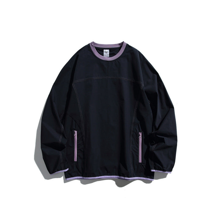 Unisex Leichter technischer Oversize-Pullover mit Rundhalsausschnitt, Reißverschlusstaschen und kontrastierten Abschlüssen Drune