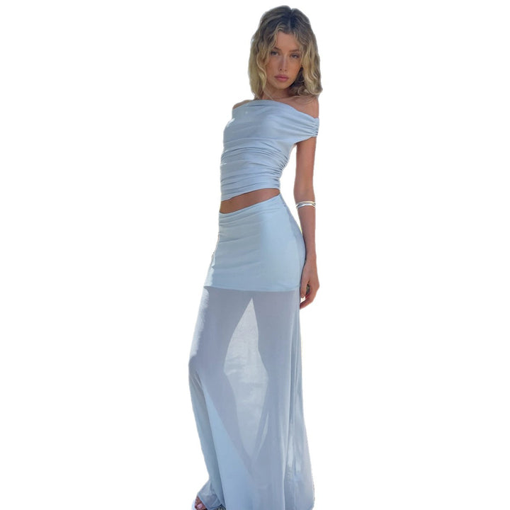 Damen Elegantes Offshoulder Maxi-Set mit transparentem Rock und gerafftem Oberteil Drune