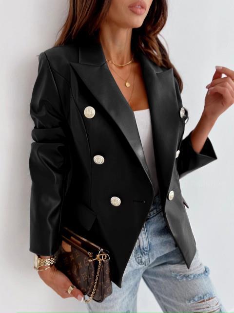 Damen eleganter Kunstleder Blazer mit doppelter Knopfleiste Drune