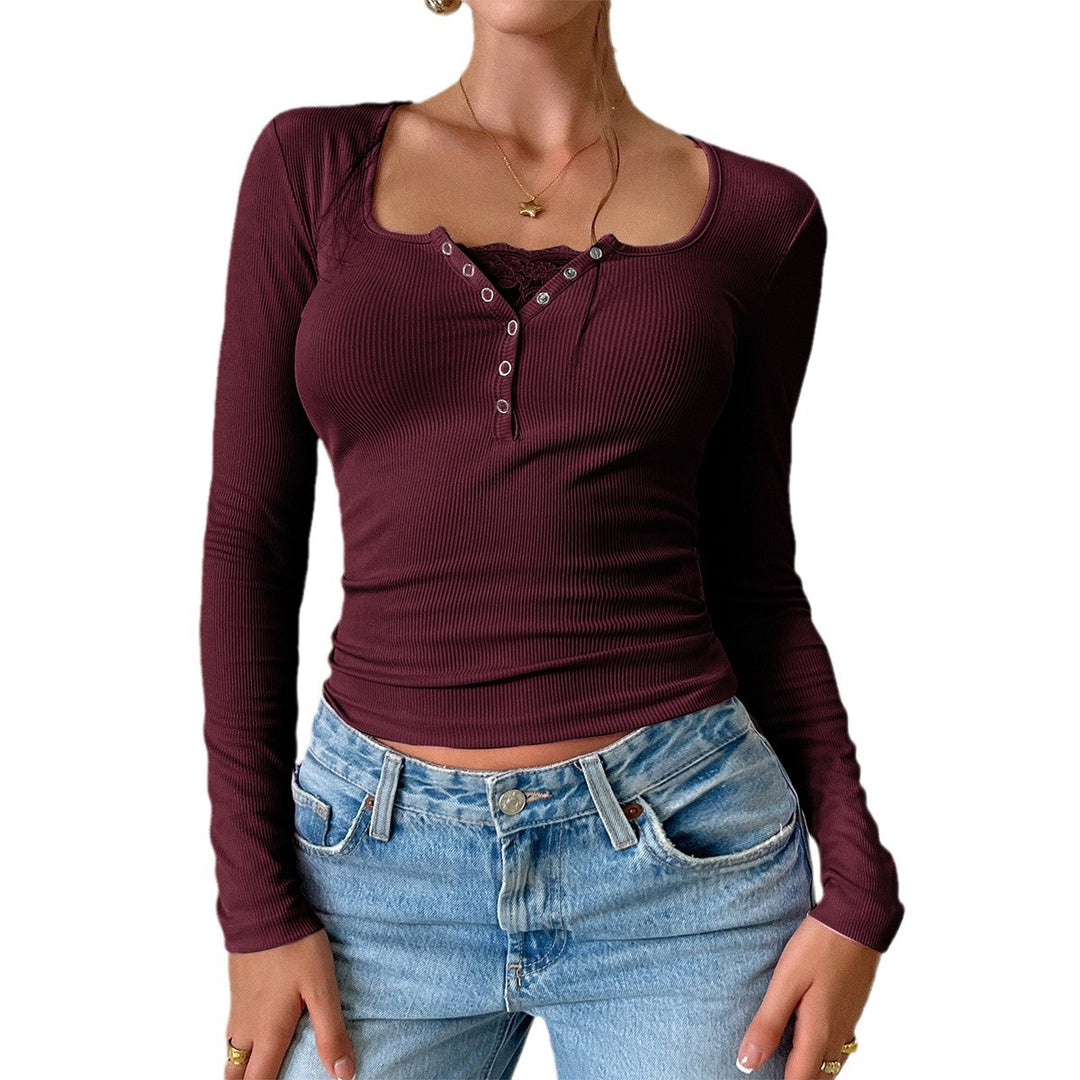 Damen nan geripptes Henley-Longsleeve mit Spitzen-Cami-Einsatz und taillierter Passform Drune