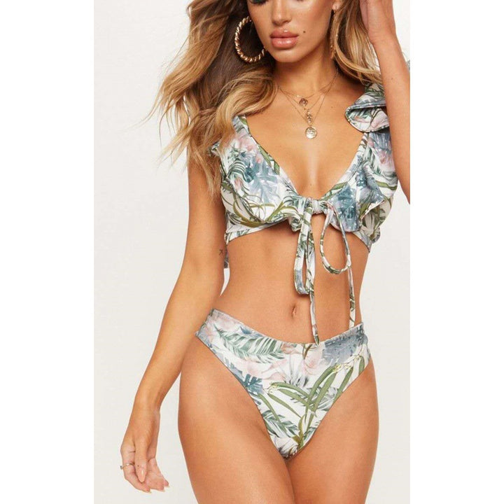 Damen Bikiniset mit Rüschen und Pflanzenmuster Drune