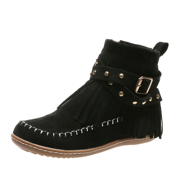 Damen Mokassin-Shortboots mit Fransen, Ziergürtel und handgenähter Mokassinnaht Drune