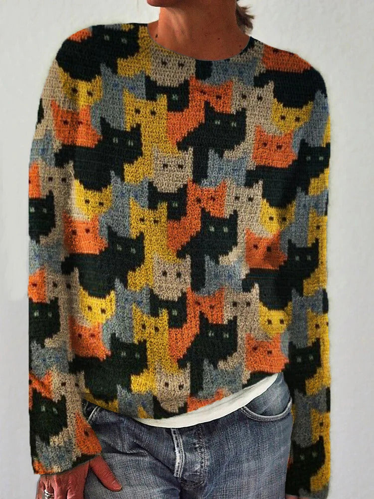 Damen Strickpullover mit verspieltem Katzenmuster Drune
