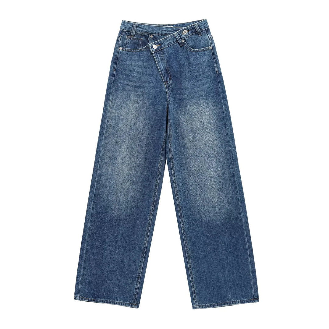 Damen 20+ weite High‑Waist Denim‑Palazzo‑Jeans mit asymmetrischem Bunddetail Drune