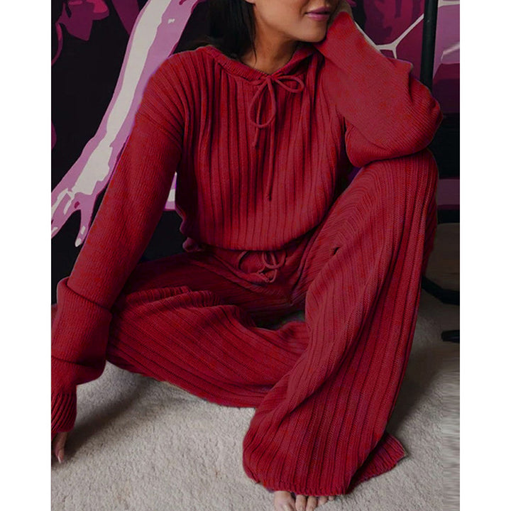 Damen Geripptes Strick-Loungewear-Set mit Kapuzenpullover und weiter Kordelzughose Drune