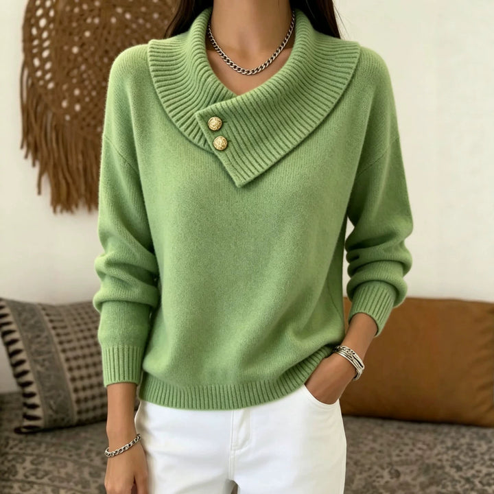 Damen Feinstrick-Pullover mit überlappendem Schalkragen und Zierknöpfen Drune