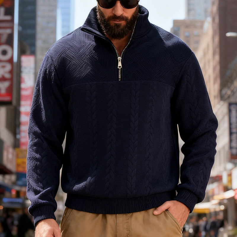 Herren nan strukturiertes Halfzip-Strickpullover mit Zopfmuster und hohem Stehkragen Drune