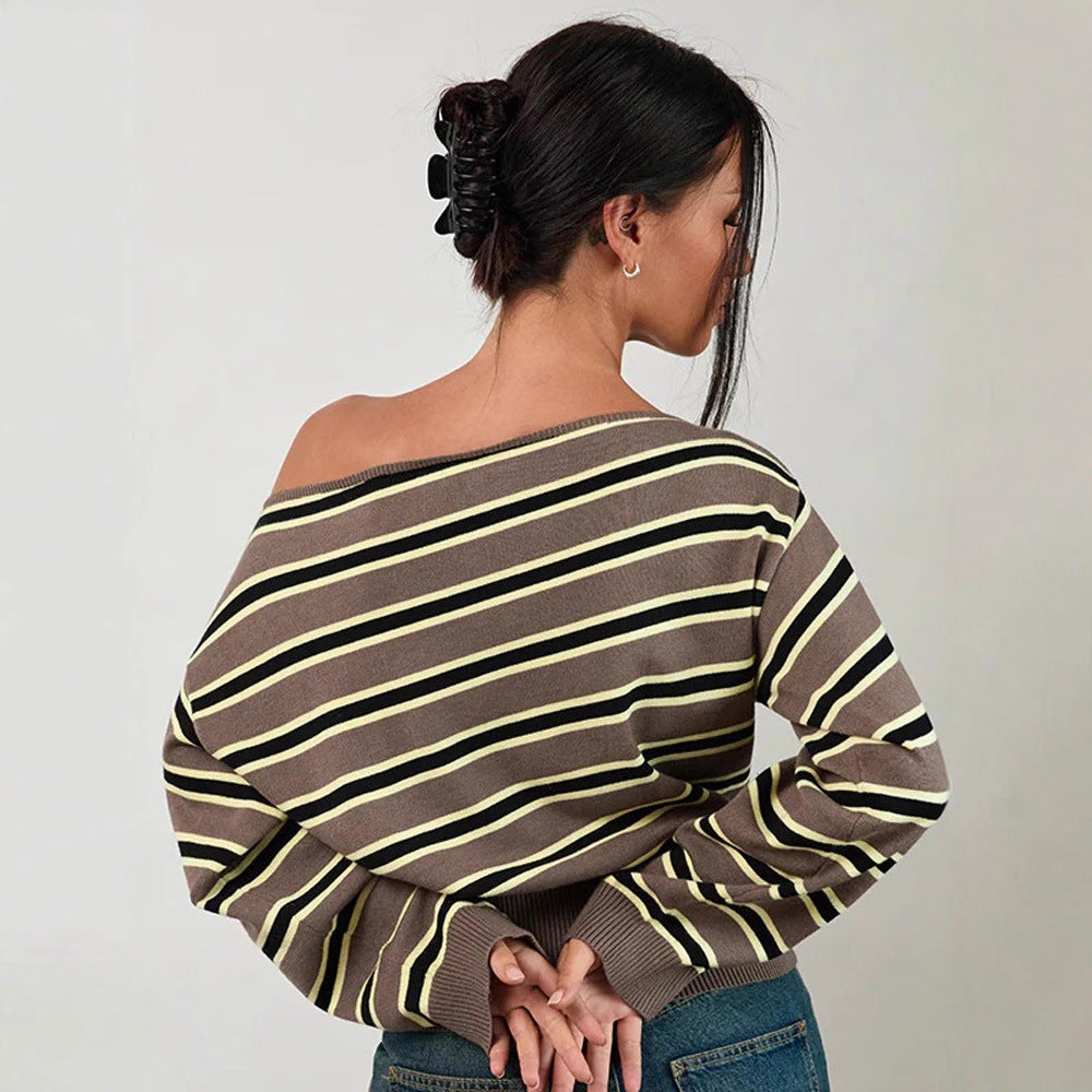Damen Feinstrick-Boatneck-Pullover mit asymmetrischem Schulterfall, breitem Rippbund und lässigen Ballonärmeln Drune