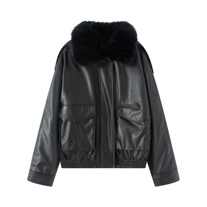 Damen Oversized Kunstleder-Bomberjacke mit kuscheligem Faux‑Fur‑Kragen und aufgesetzten Klappentaschen Drune