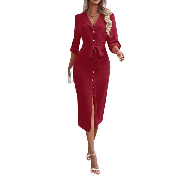 Damen Hemdblusenkleid mit eleganter Taillenschnürung und Knopfleiste Drune