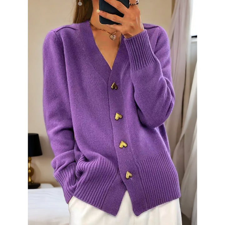 Damen kuschelige Strickjacke mit Herzknöpfen und V-Ausschnitt Drune