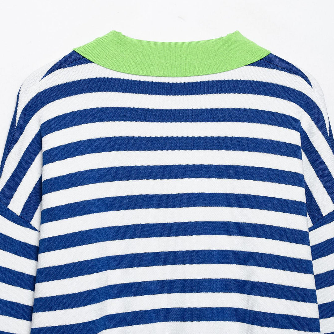 Damen Gestreifter Cropped‑Polo‑Pullover aus Feinstrick mit Ballonärmeln Drune